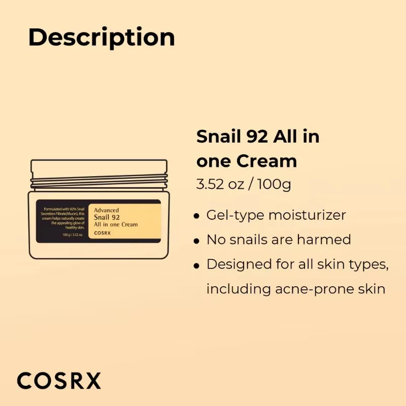 Original Snail Mucin 92% Moisturizer Daily Repair Face Gel Cream Soothes Damaged Barrier Moisturizing Serum Skin Face Repair